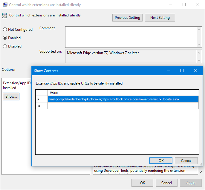 Einstellung des Wertes ExtensionInstallForcelist im Gruppenrichtlinien-Editor, um die S/MIME-Erweiterung zu installieren.