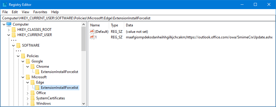 Setzen Sie den Wert ExtensionInstallForcelist im Registrierungseditor, um die S/MIME-Erweiterung zu installieren.