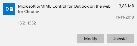 Liste der installierten Apps - Microsoft S/MIME Control für Outlook im Web für Chrome